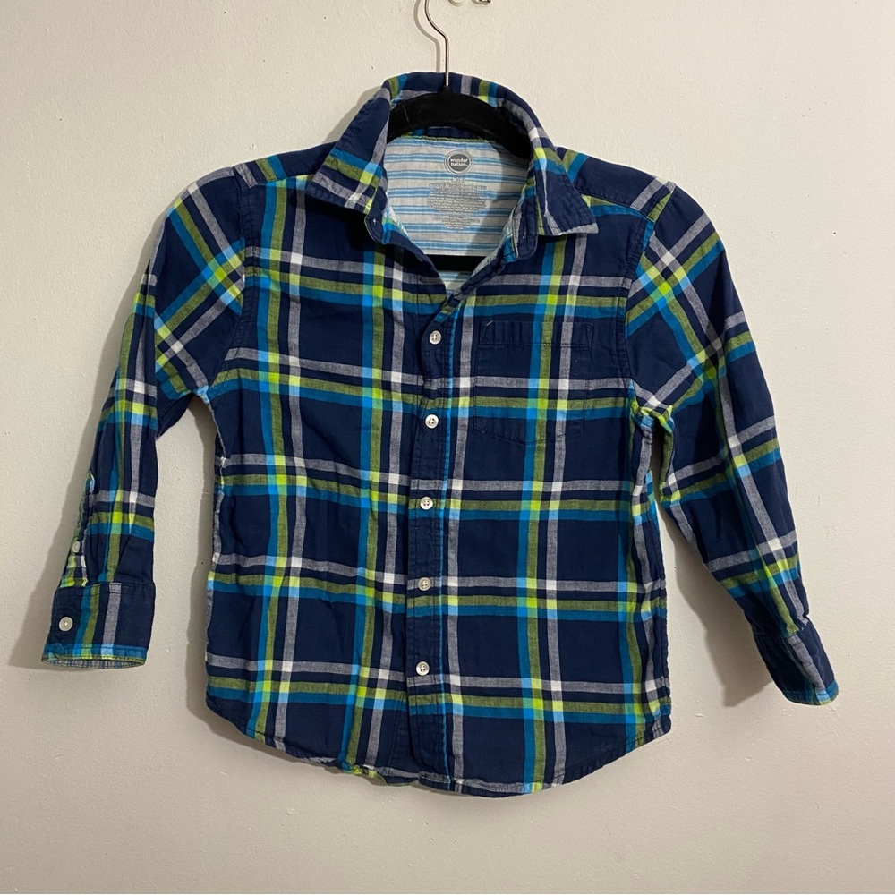 Wonder Nation Navy Blue and Green Plaid Shirt: Size 8